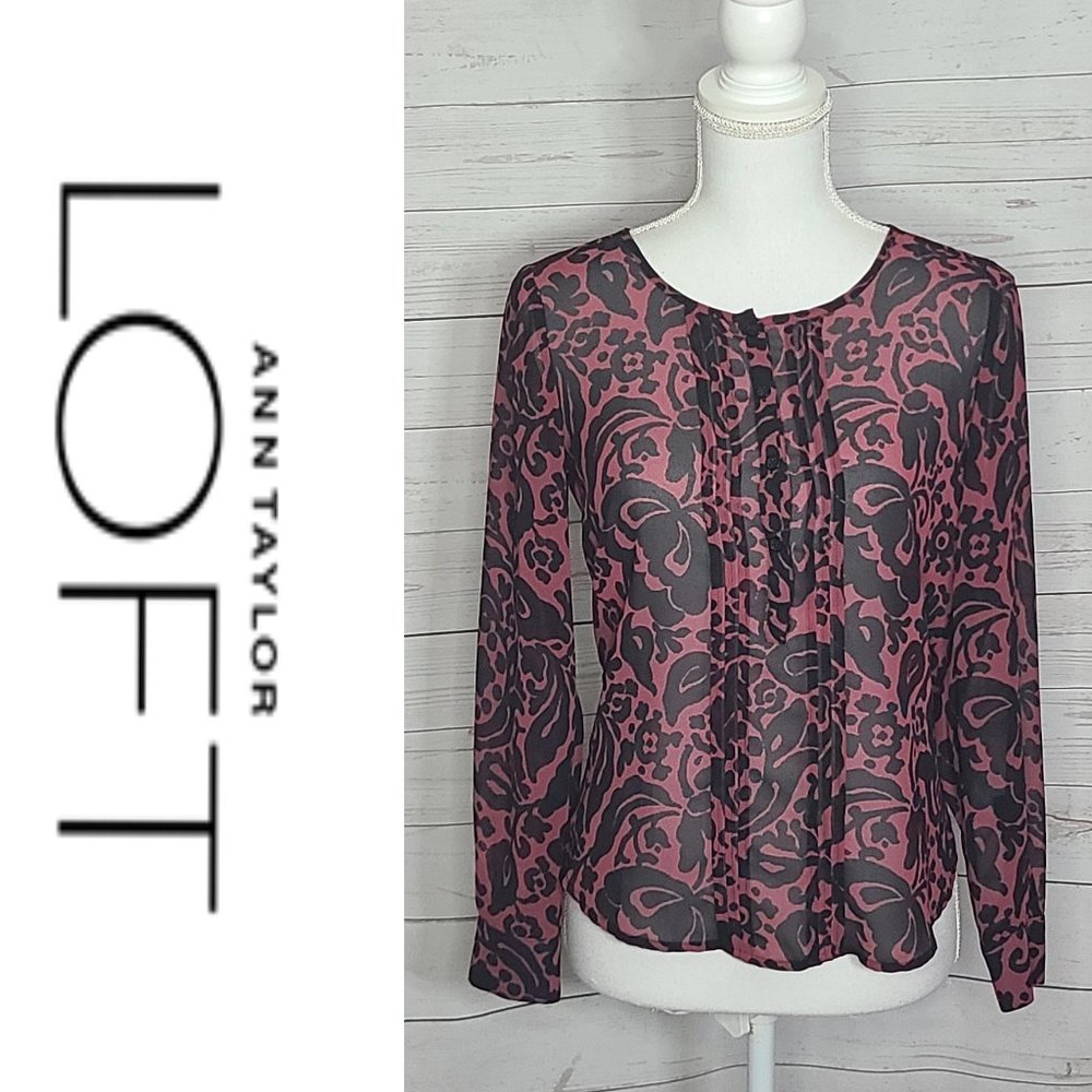 LOFT Sheer Maroon Black Floral Pullover Blouse
